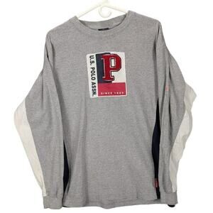 US Polo Association Shirt Mens Large Long Sleeve 3D Logo Gray Y2K Preppy READ